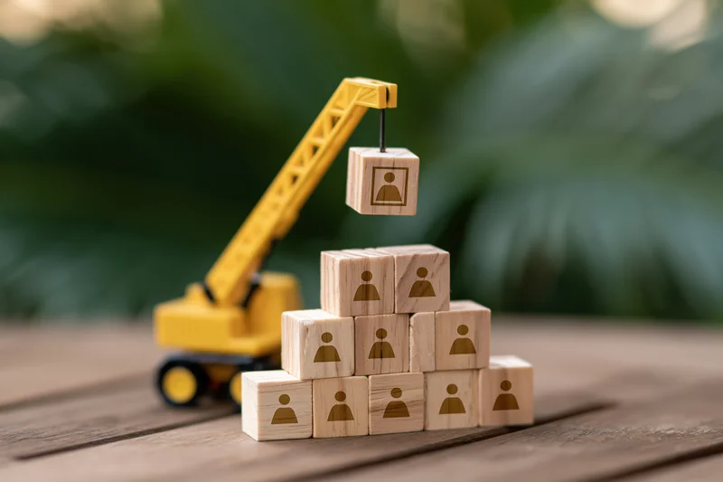 Toy crane lifting wooden blocks with human icons to build a pyramid on a wooden surface