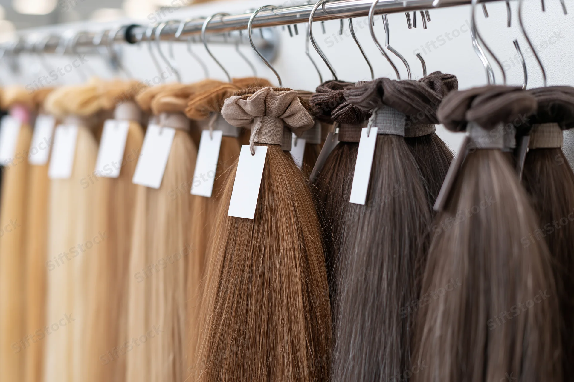 Bundles of human hair extensions hanging on a metal rack in a salon display