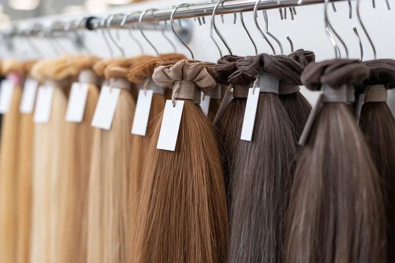 Bundles of human hair extensions hanging on a metal rack in a salon display