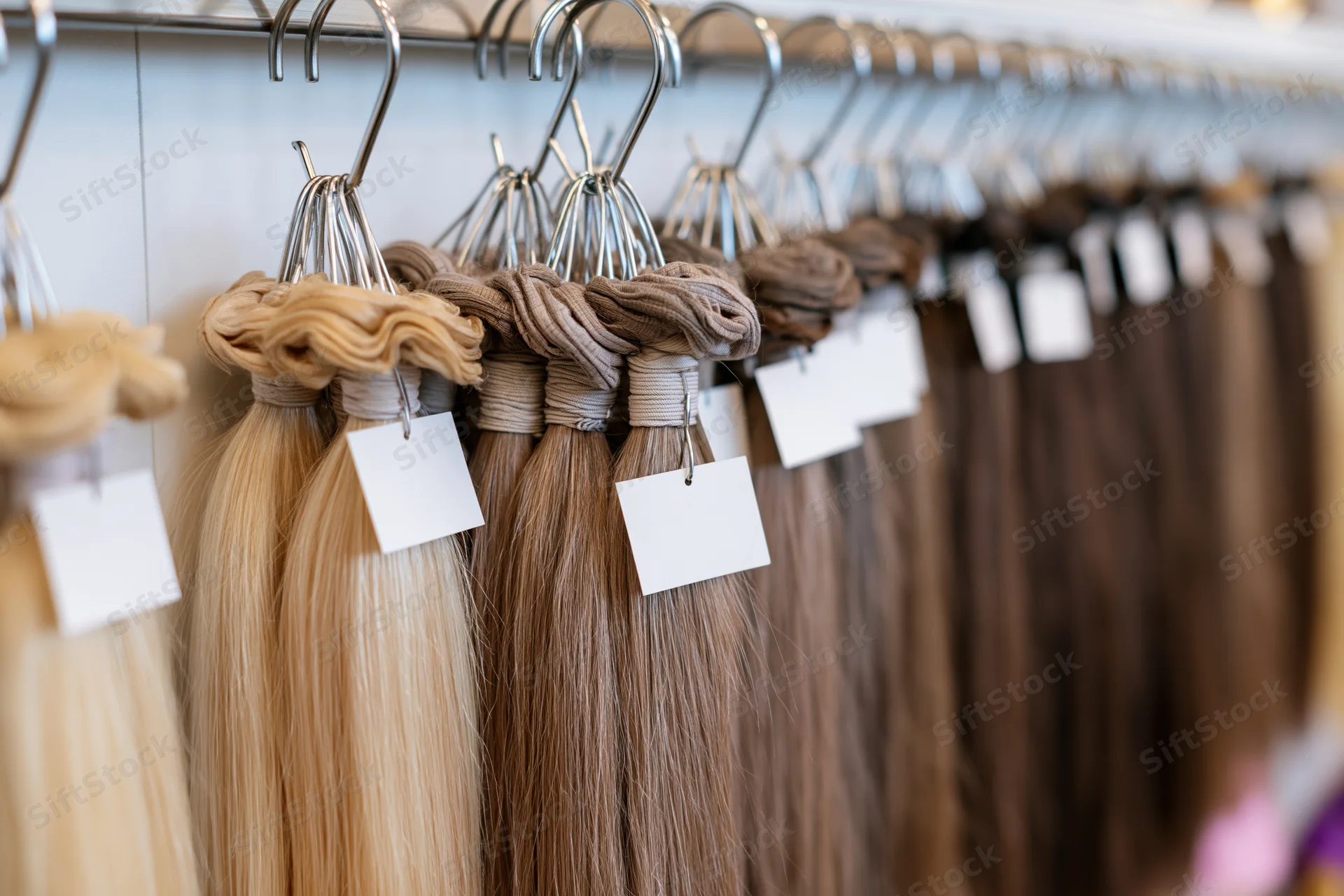Bundles of human hair extensions hanging on metal hangers in a salon display