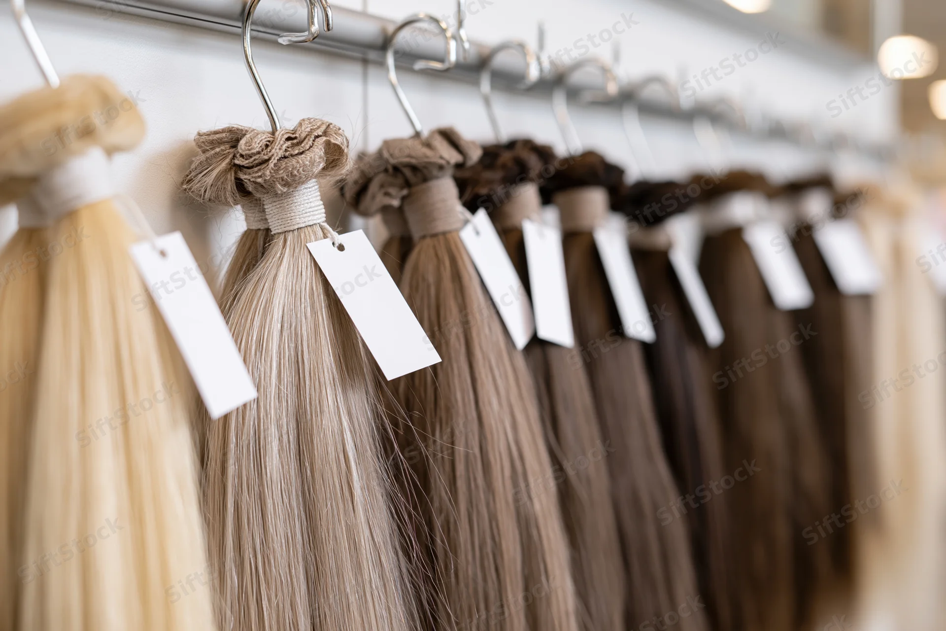 Bundles of human hair extensions hanging on a metal rack in a salon display