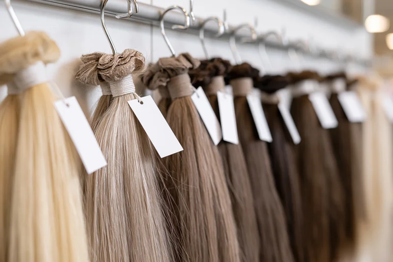 Bundles of human hair extensions hanging on a metal rack in a salon display