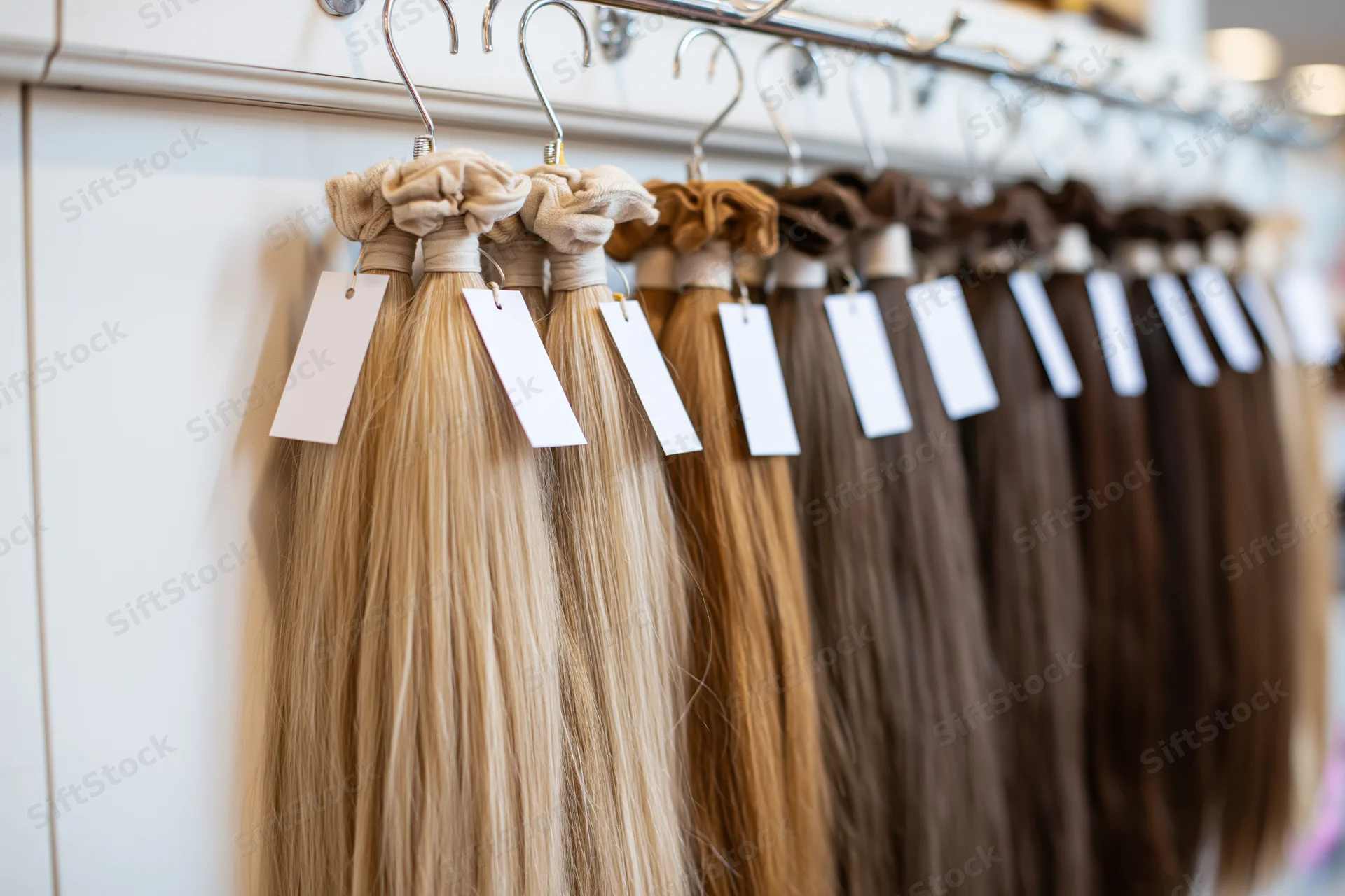 Hair extensions in various shades hanging on a metal rack in a salon display
