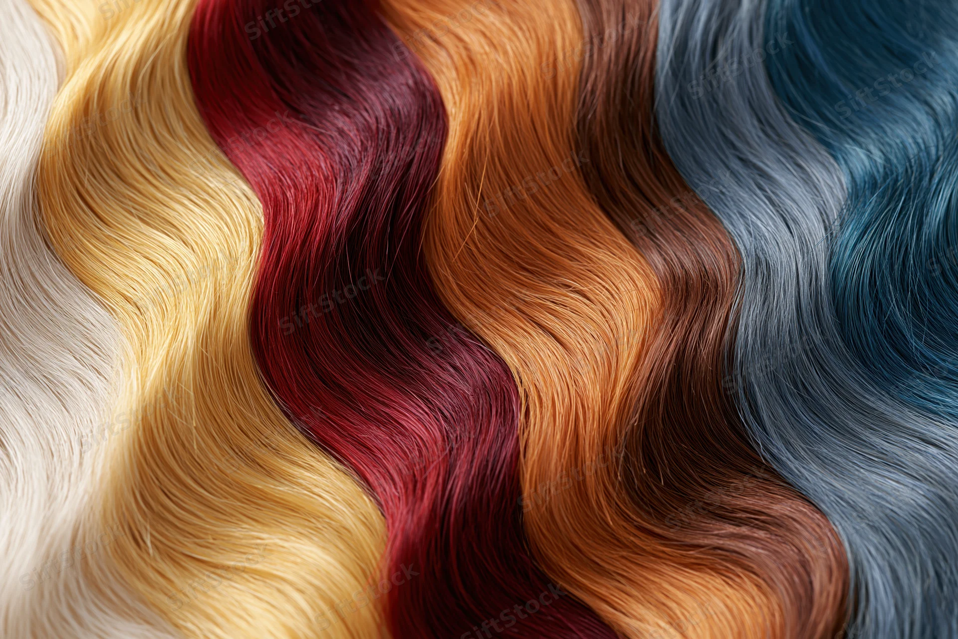 Multiple hair color swatches arranged side by side in wavy display