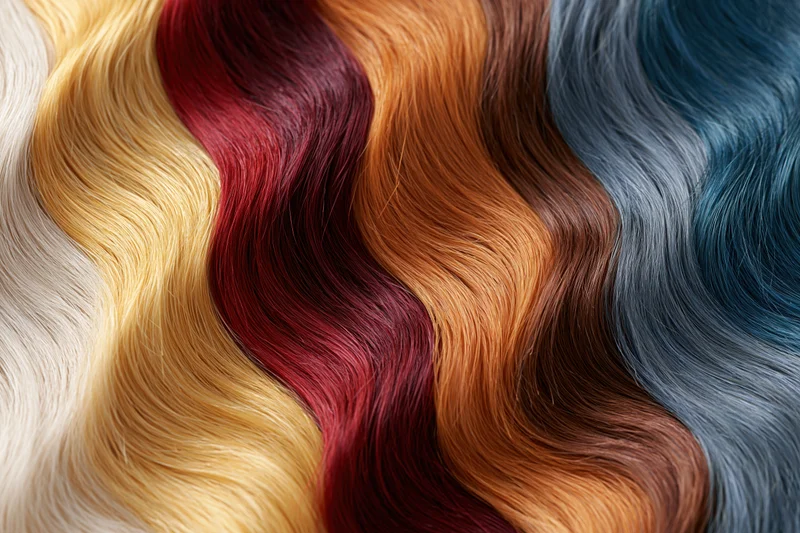 Multiple hair color swatches arranged side by side in wavy display