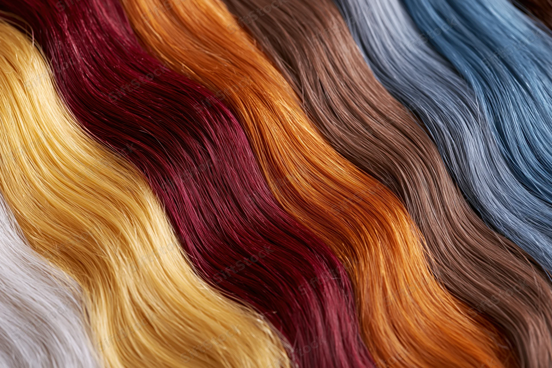 Multiple hair color swatches arranged side by side in wavy display