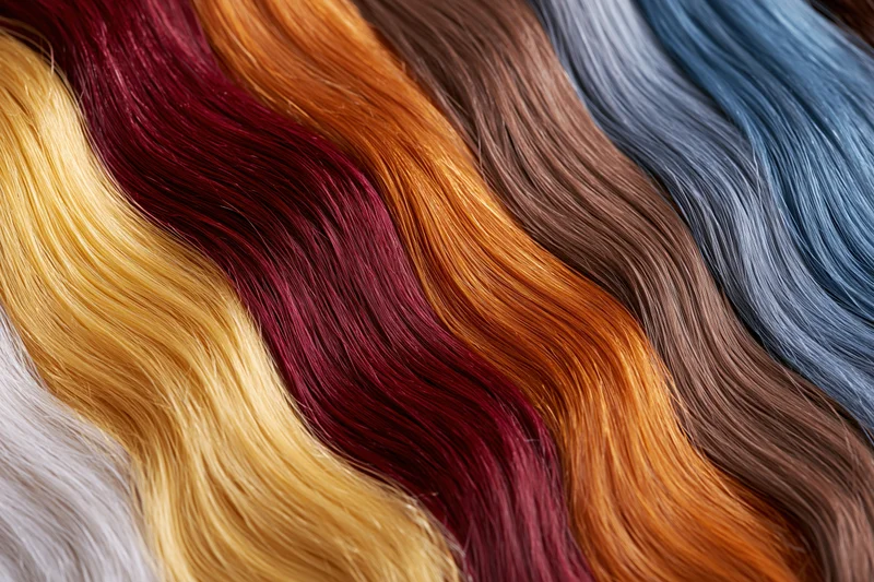 Multiple hair color swatches arranged side by side in wavy display