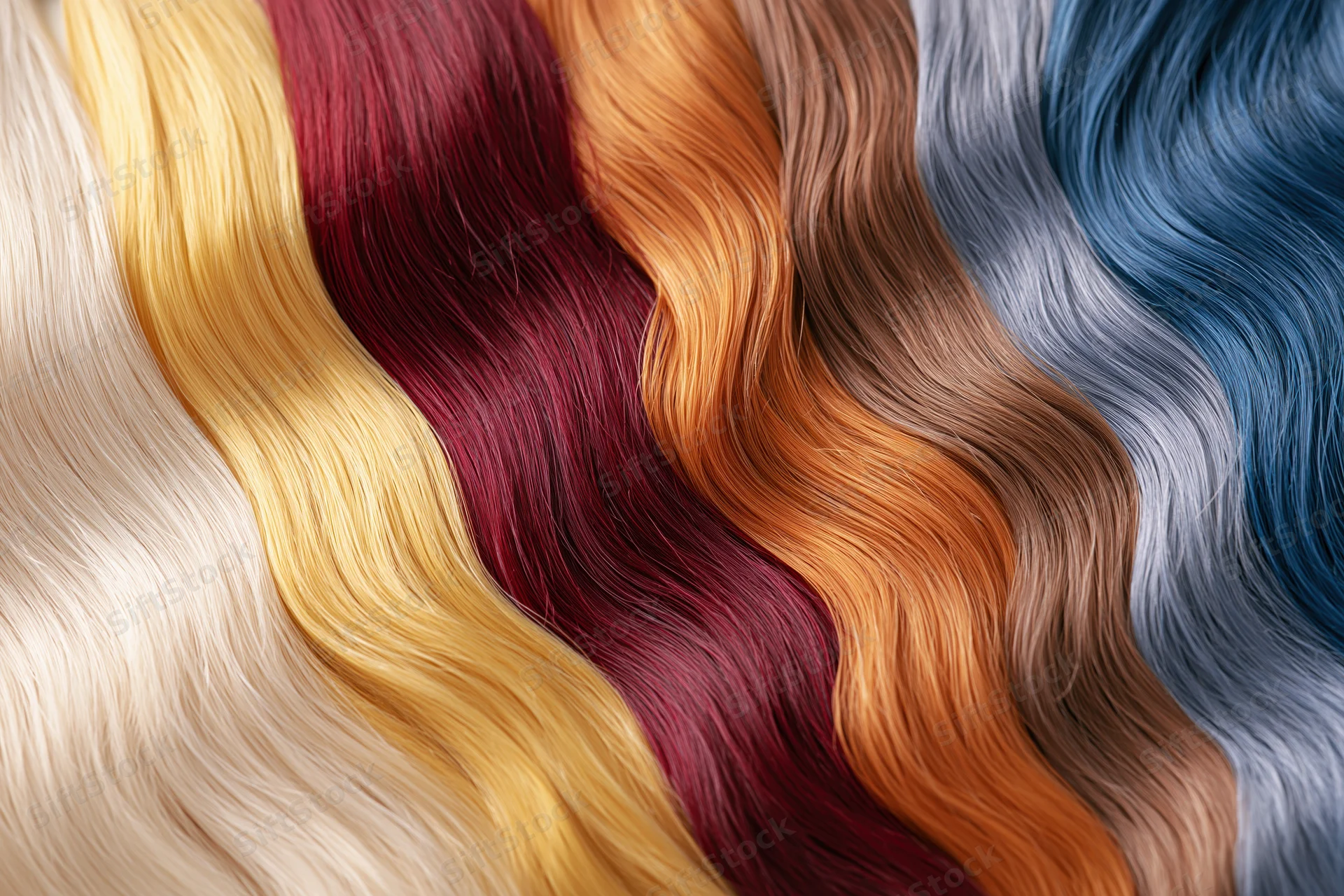 Multiple hair color swatches arranged side by side in wavy display