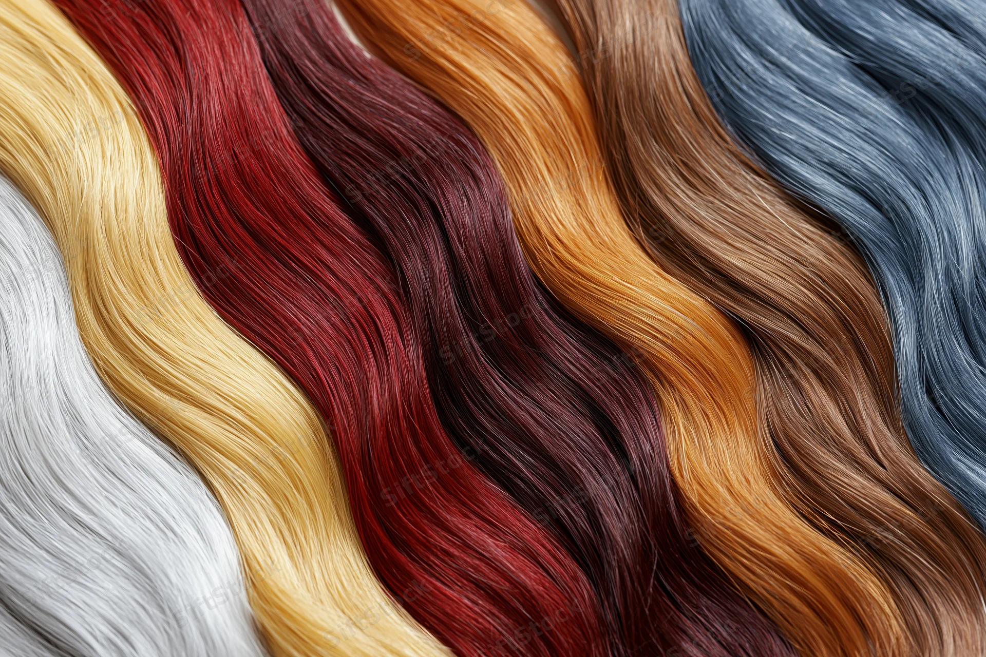 Multiple hair color swatches arranged side by side in wavy diagonal rows