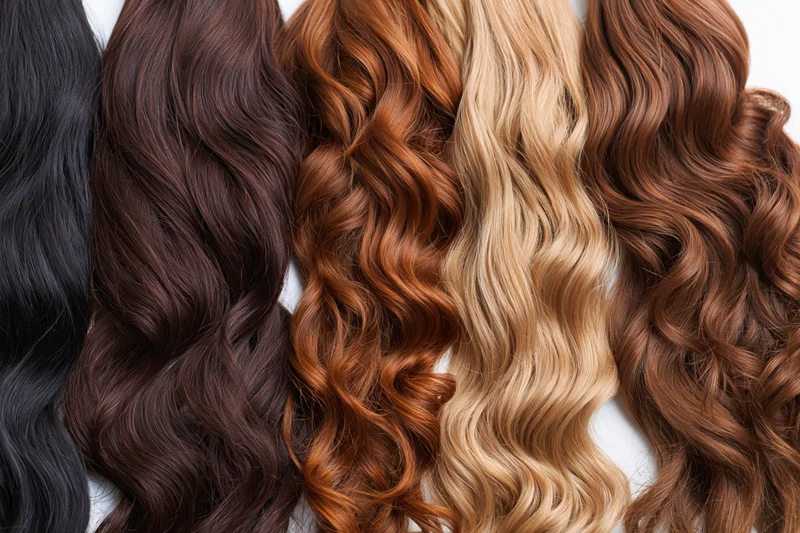 Multiple hair extensions in various colors and textures laid side by side on white background