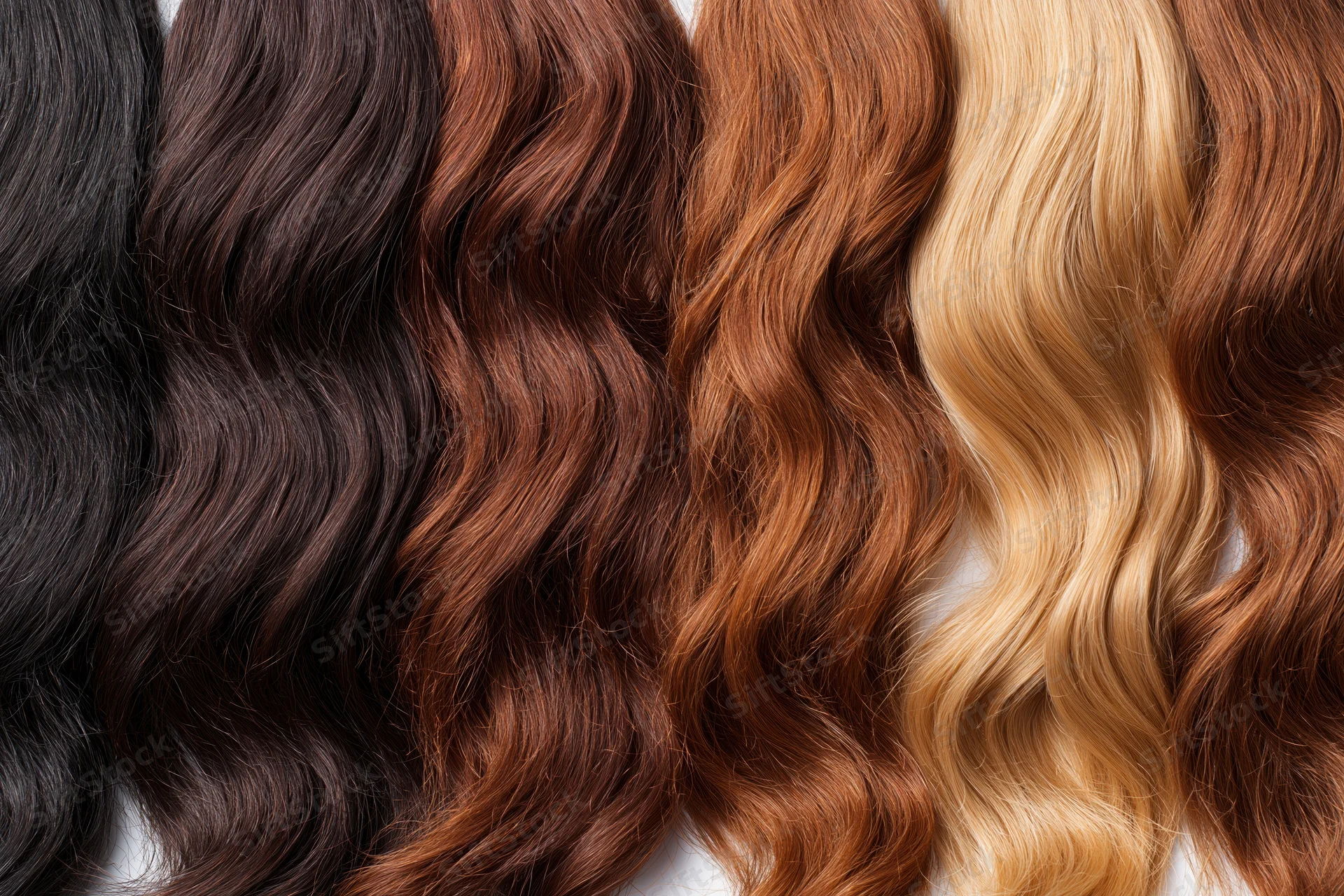Multiple hair extensions in various colors and textures arranged side by side