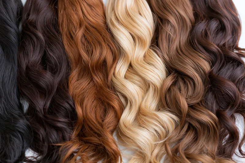 Multiple hair extensions in various colors and textures arranged side by side on a white surface