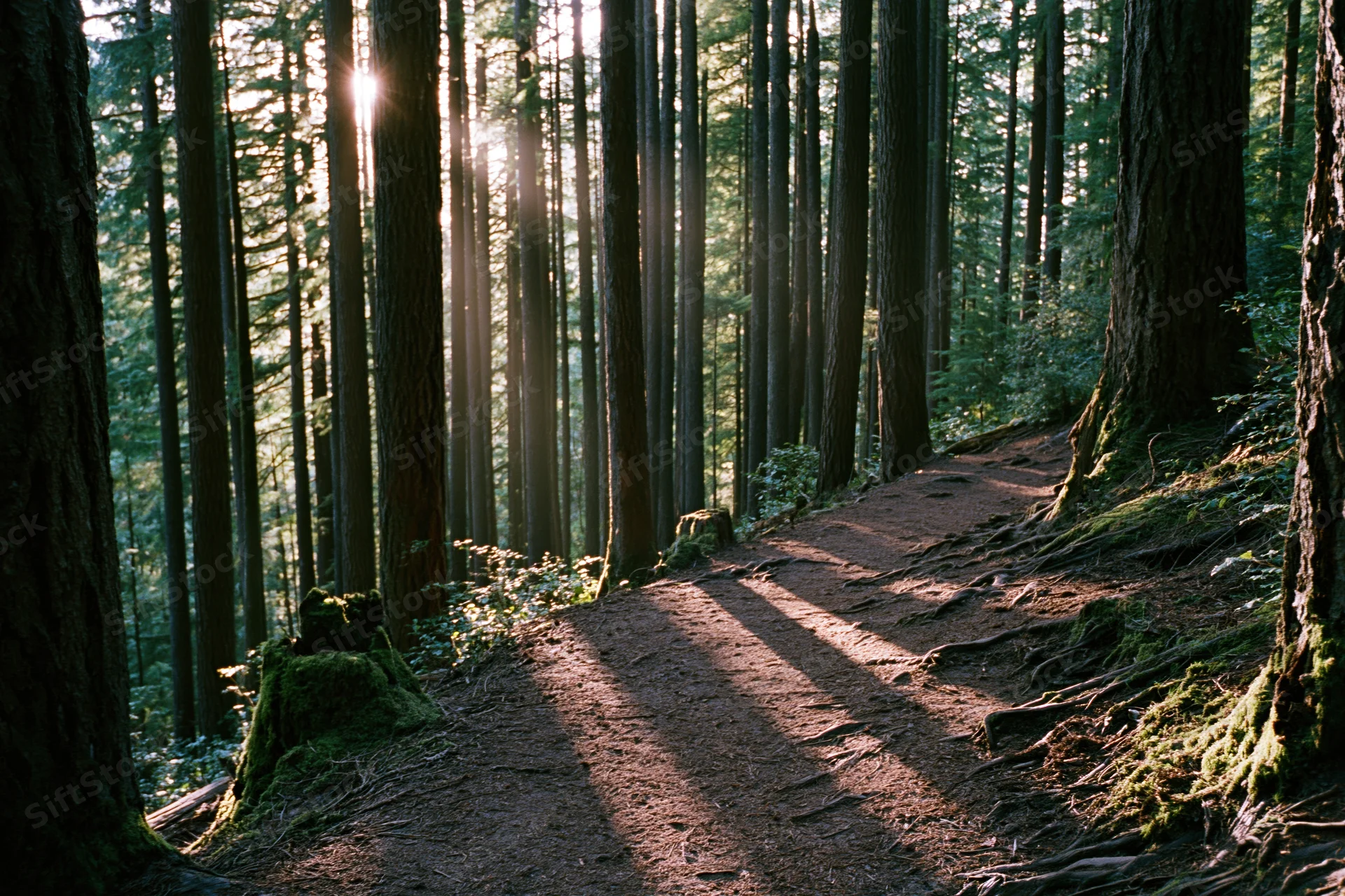 Narrow dirt trail winding through tall old-growth forest with sunlight filtering through trees