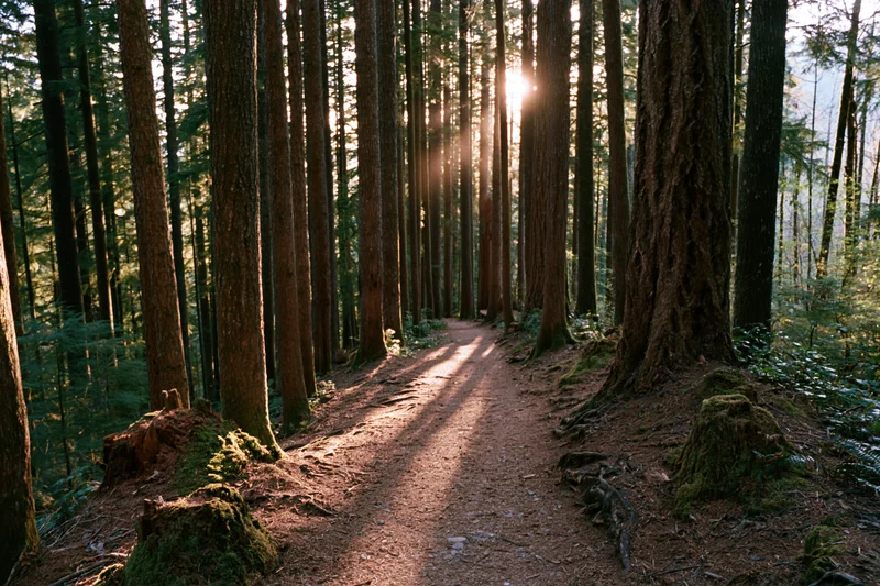 Dirt trail winding through tall old-growth forest with sunlight filtering through trees