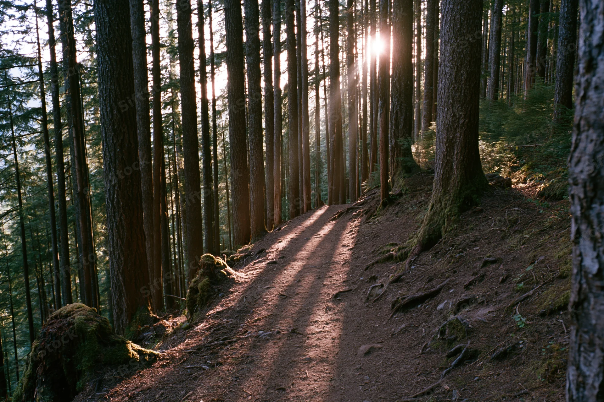 Narrow dirt trail winding through tall old-growth pine forest with sunlight filtering through trees at golden hour