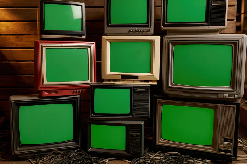 Vintage crt televisions stacked against a wooden wall with green screens and tangled cables
