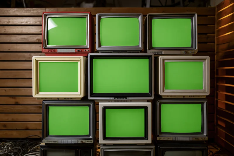 Vintage crt televisions stacked in a grid against a wooden wall with green screens