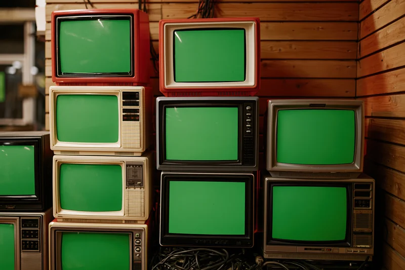 Vintage crt televisions stacked against a wooden wall with green screens