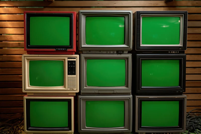 Nine vintage crt televisions stacked in a grid against a wooden slat wall