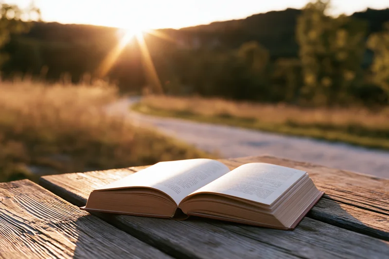 Open hardcover book resting on weathered wooden table outdoors at sunset
