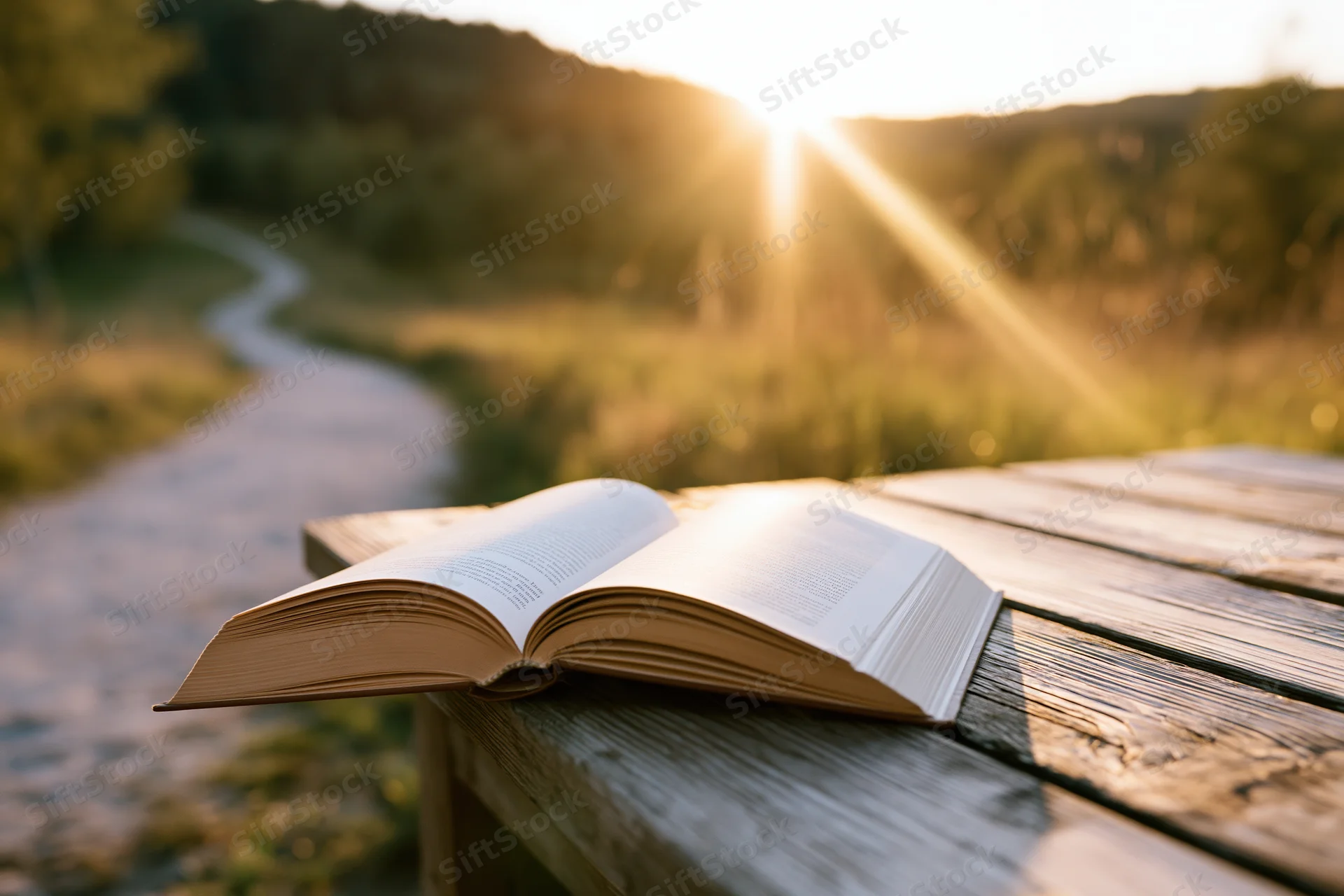 Open hardcover book resting on weathered wooden table outdoors at sunset with sunlit path through forest in background