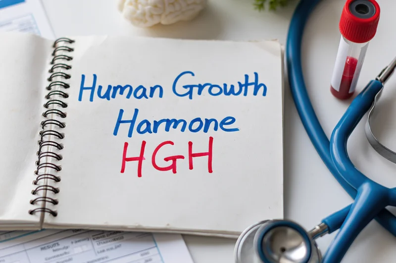 Open spiral notebook with handwritten human growth hormone hgh text on white surface beside stethoscope and blood sample