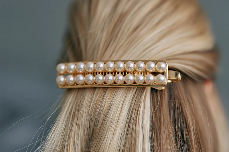 Gold pearl hairclip securing blonde hair in half-up style