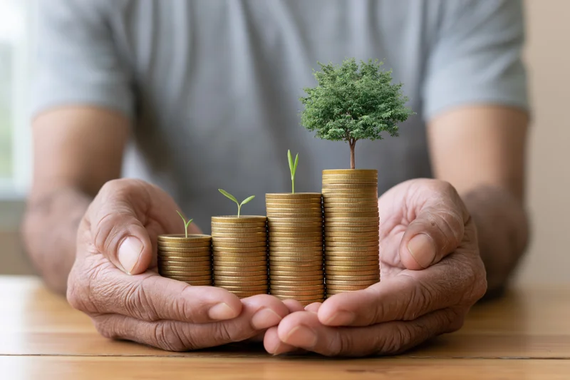 Hands cradling stacks of coins with growing plants on top on a wooden table