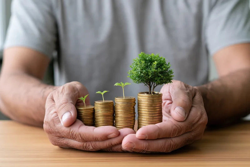 Senior man's hands cradling stacks of coins with growing plants on top on a wooden table