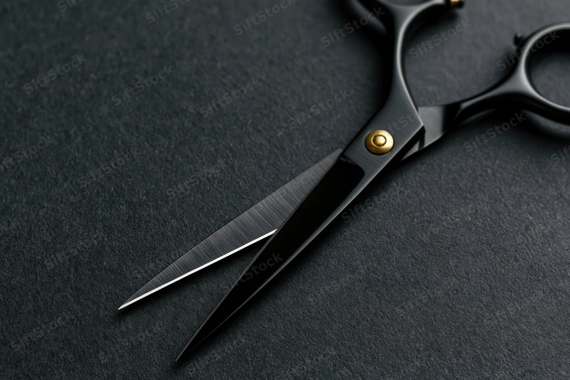Barber scissors lying open on a dark textured surface