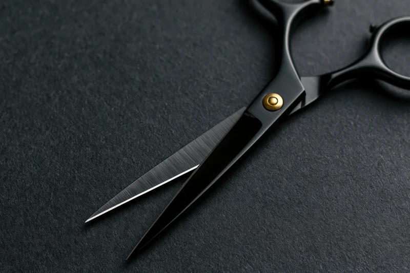 Barber scissors lying open on a dark textured surface