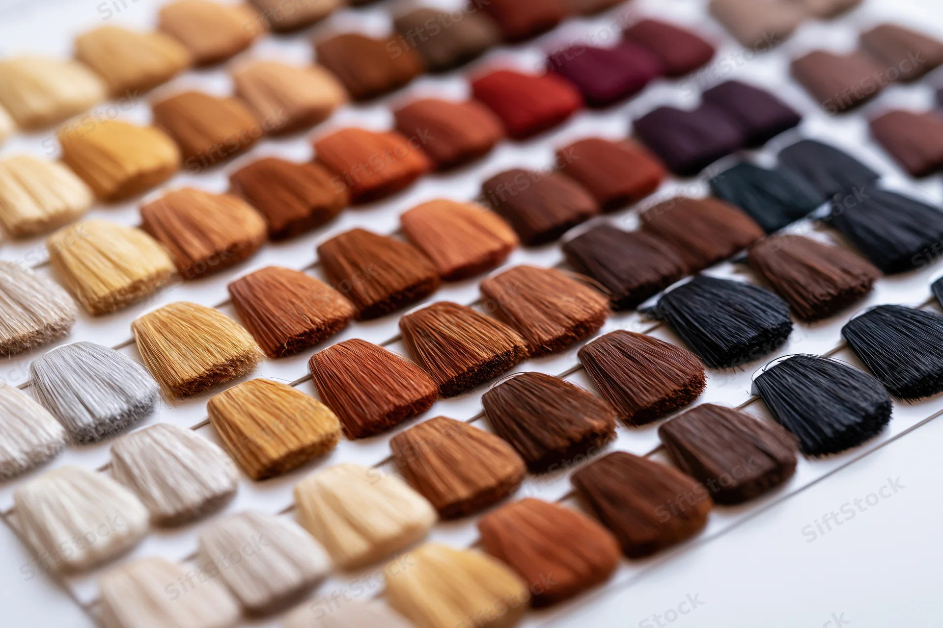 Rows of hair color swatches arranged in a grid on a white surface