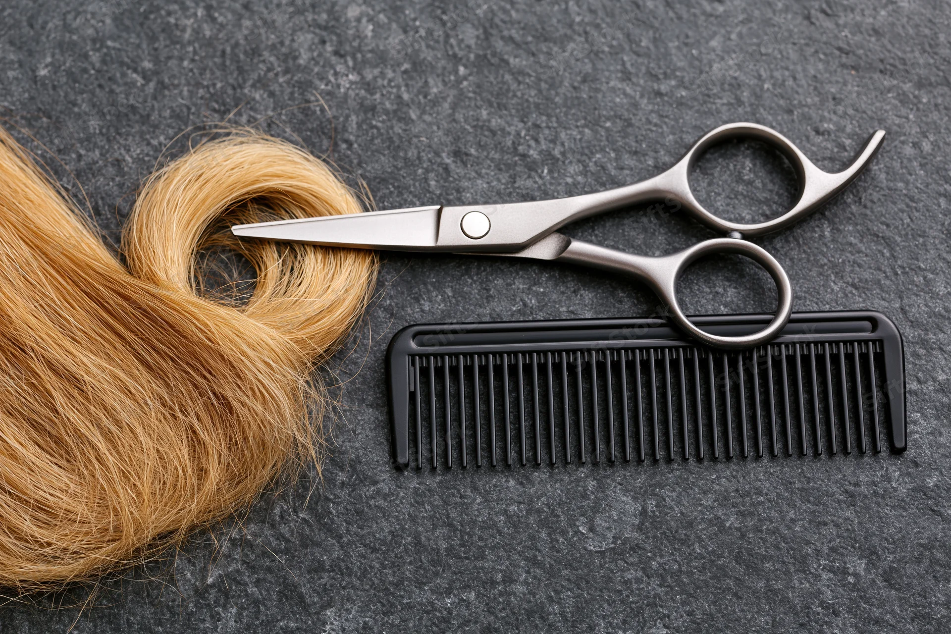 Hairdressing scissors and black comb with a lock of blonde hair on a dark textured surface