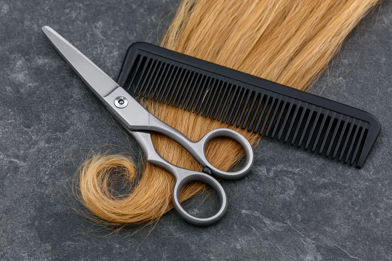 Hairdressing scissors and black comb resting on a strand of blonde hair on dark surface