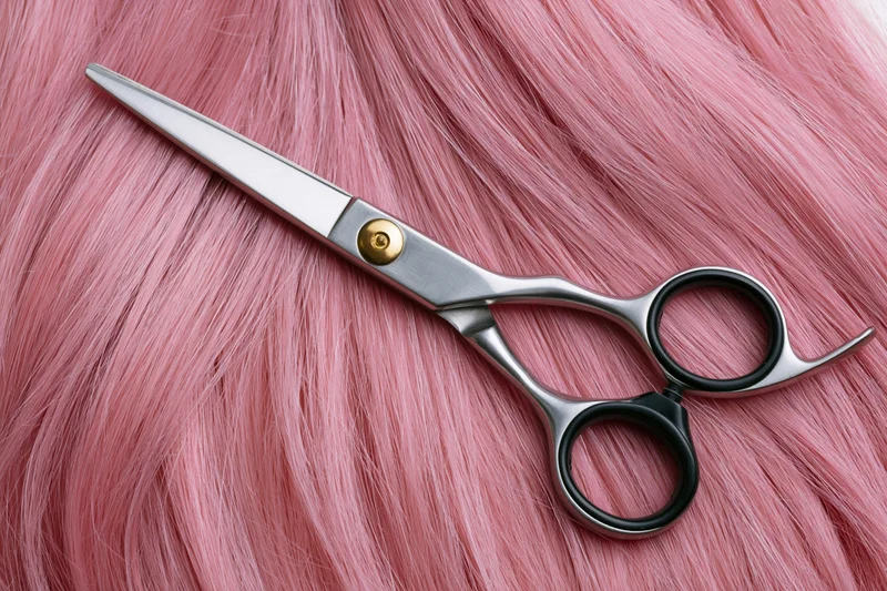 Hairdressing scissors resting open on a bed of pink hair