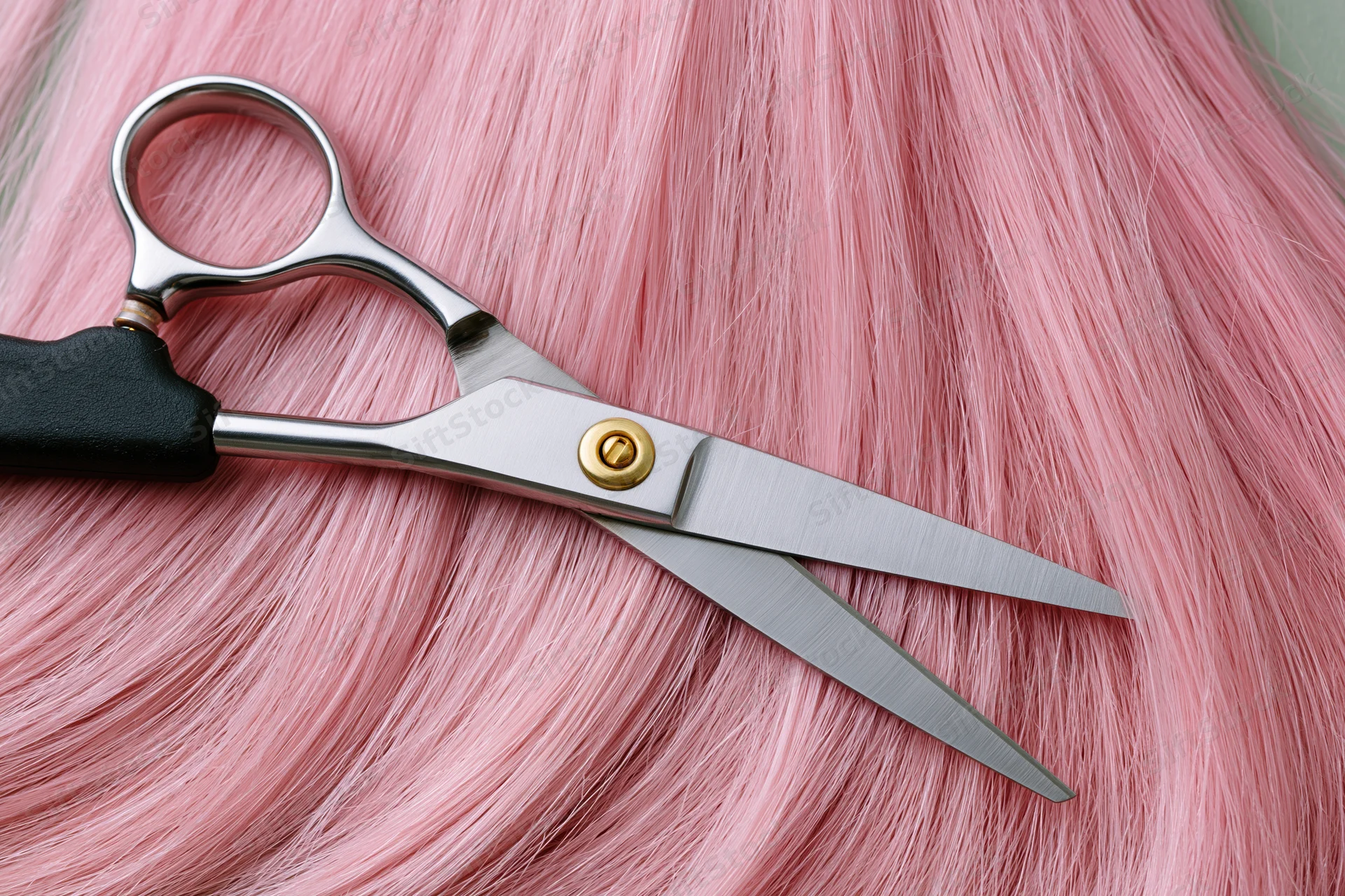 Hairdressing scissors resting open on a bed of pink hair