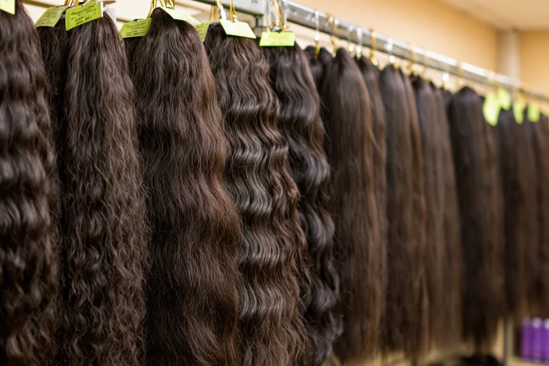 Dark brown hair extensions in various textures hanging on a rack in a salon display