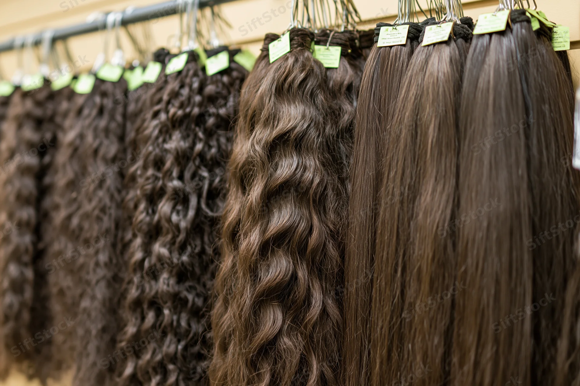 Dark brown hair extensions in curly and straight textures hanging on a display rack in a salon