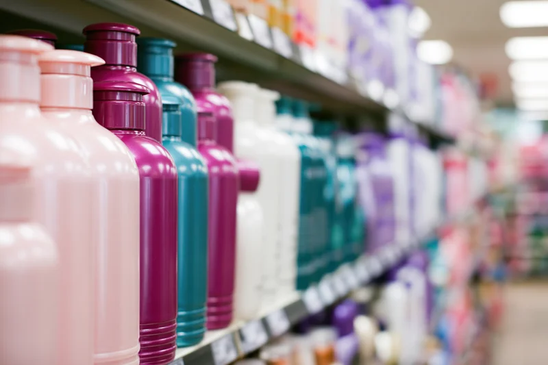 Rows of colorful hair care bottles lined on a store shelf