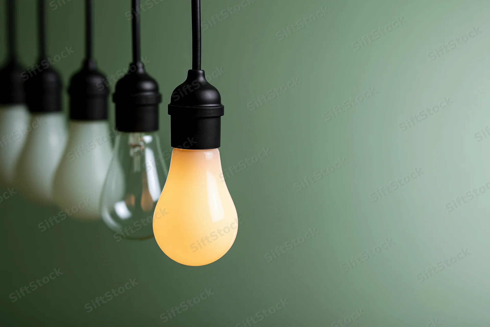 Row of hanging incandescent light bulbs with one illuminated against a green background