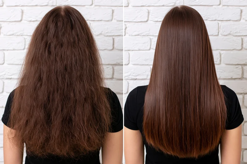Back view of a woman’s long brown hair before and after treatment showing frizzy to smooth transformation against white brick wall