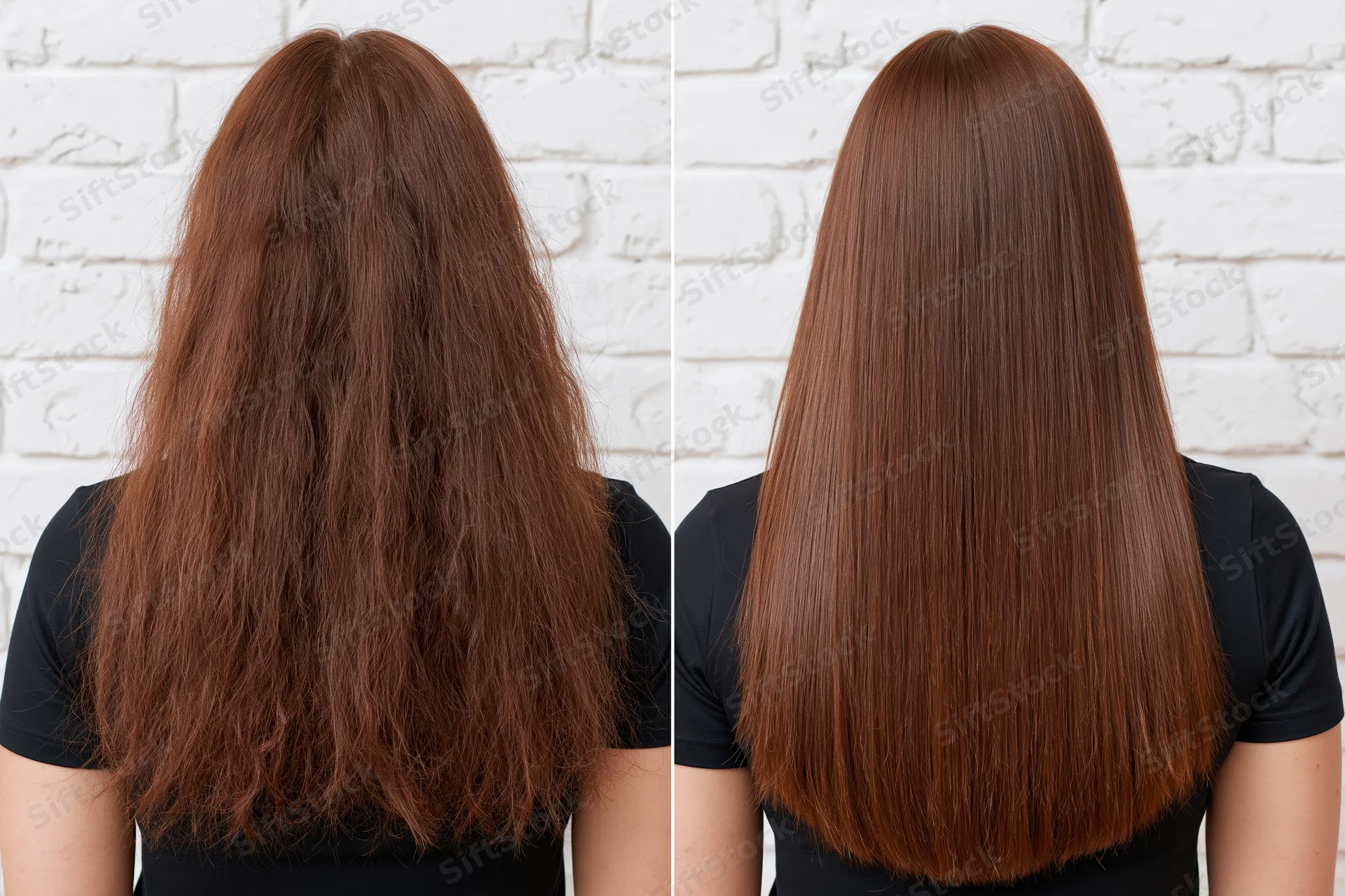 Woman with long brown hair shown before and after treatment, back view split panel comparison