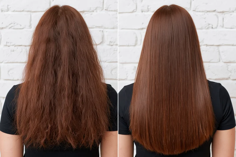 Woman with long brown hair shown before and after treatment, back view split panel comparison