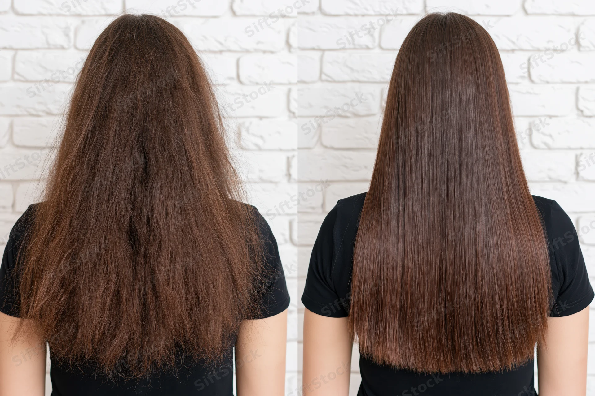 Back view of two women with long brown hair showing frizzy and smooth texture side by side against white brick wall