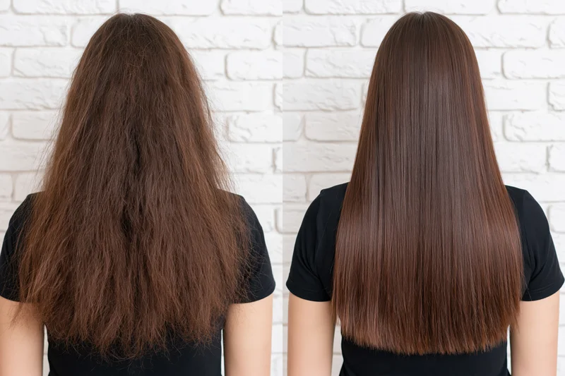 Back view of two women with long brown hair showing frizzy and smooth texture side by side against white brick wall