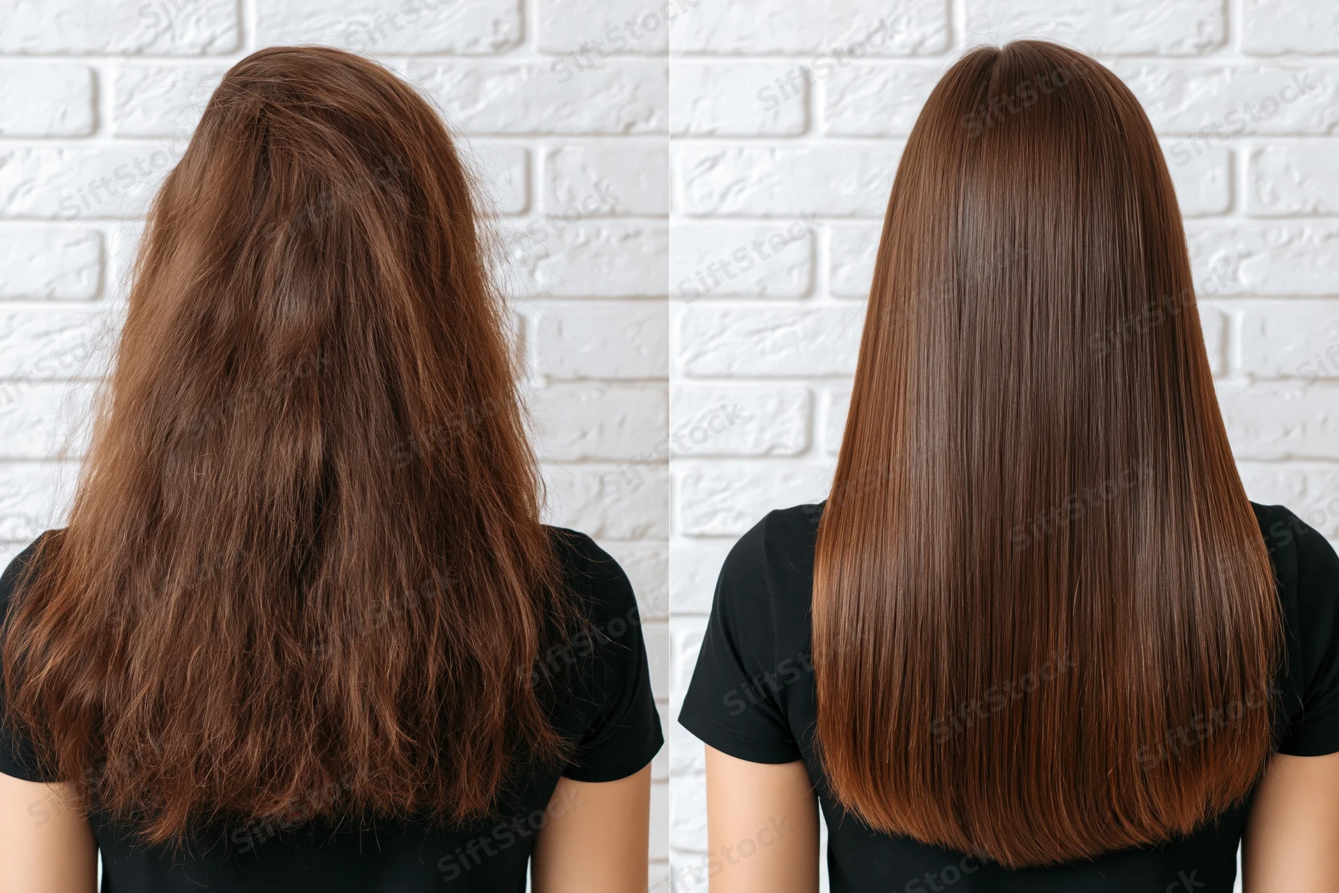 Back view of a woman’s long brown hair showing frizzy dry texture before and smooth straight appearance after treatment against white brick wall