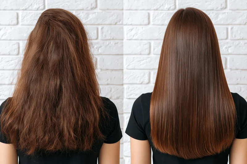 Back view of a woman’s long brown hair showing frizzy dry texture before and smooth straight appearance after treatment against white brick wall