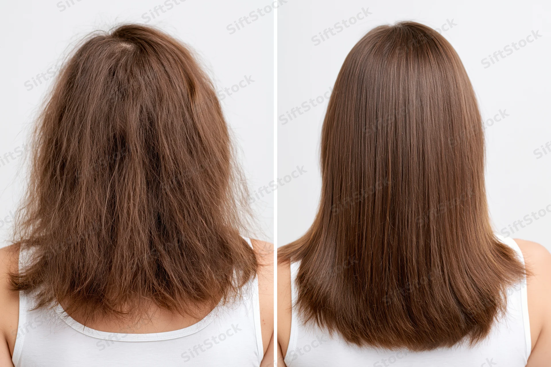Back view of a woman’s medium-length brown hair before and after treatment showing frizzy dry hair and smooth straight hair in side-by-side comparison