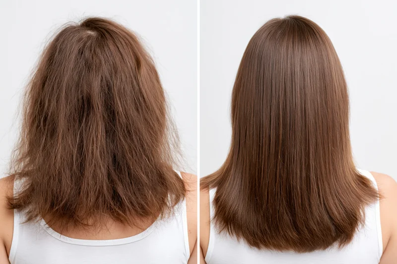 Back view of a woman’s medium-length brown hair before and after treatment showing frizzy dry hair and smooth straight hair in side-by-side comparison
