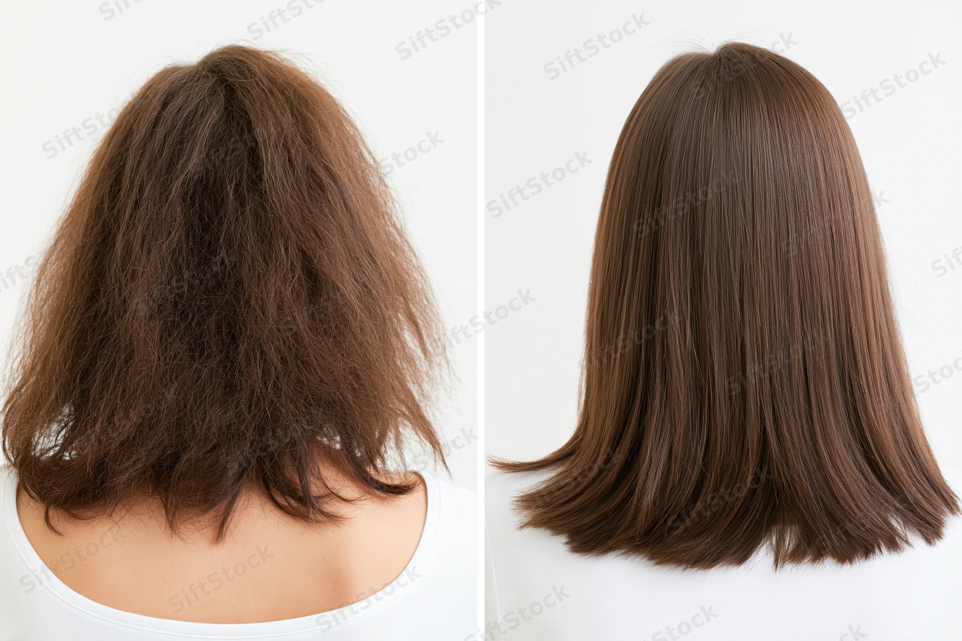 Back view of a woman's medium-length brown hair before and after treatment showing frizzy to smooth transformation